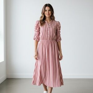 Matilda Jane Pink and White Striped Midi Dress with Puff Sleeves